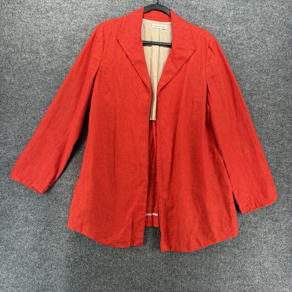 Womens Blazer Jacket Size 14 Orange Red 100% Linen Open Front Old Money Luxury